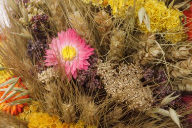 Didukh. Parça yakın çekim. Ukrayna Noel süsü ve geleneksel sembol. Farklı mısır gevreği ve çiçeklerden yapılmıştır..