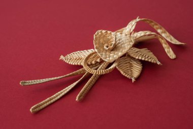 Kırmızı arka planda saman süslemesi. Çiçekli dal. Dekor