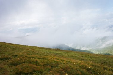 Dağ manzarası. Güzel bulutların arka planında yeşil çayır manzarası