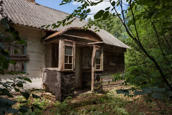 stock image Abandoned old wooden house among the green trees and tall grass. Rural landscape. Ukraine.