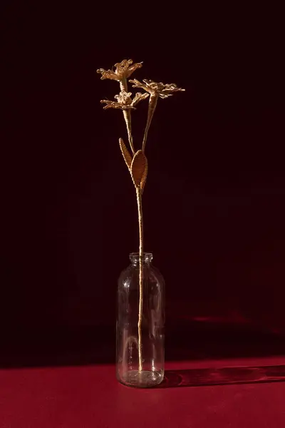 stock image A glass vase with a bouquet of flowers made from straw on the red background. The flower is illuminated by the sun. Small depth of field. 