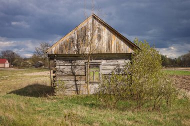 Ağaçların arasında terk edilmiş eski ahşap bir ev. Kırsal ilkbahar manzarası.