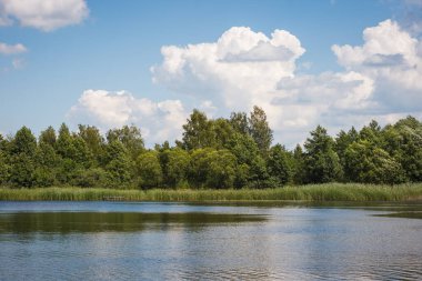 Mavi gökyüzü ve beyaz bulutlarla güneşli bir günde göl. Göldeki bulutların yansıması. Yaz