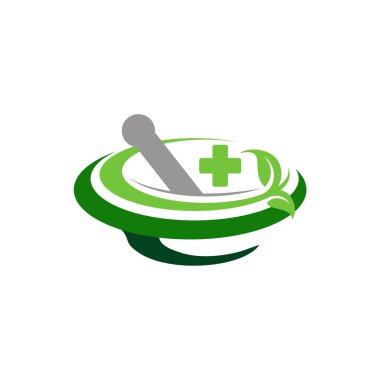 Eczane tıbbi logosu, illüstrasyon harcı ve logo sembolü vektörü, ilaç bitkisel doğa tasarımı