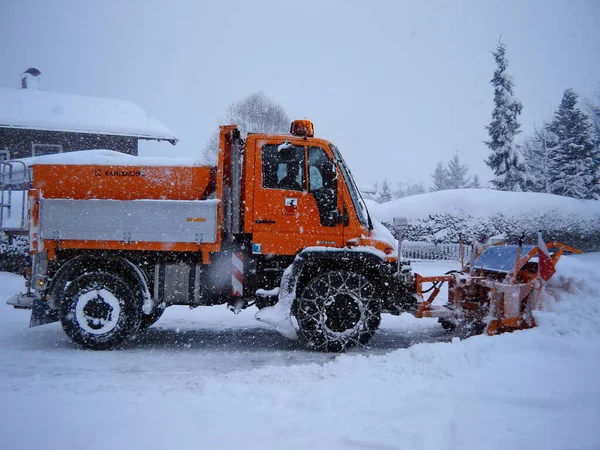 Mittersill Austria Orange Truck Snow Chains Plow Clears Snow Mountain Royalty Free Stock Photos