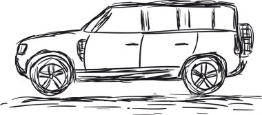 Beyaz arka planda siyah kalemle çizilmiş bir arabanın el çizimi. SUV çiziliyor.