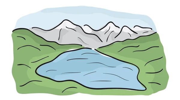 Landscape with snowy mountains, lake and green meadows. Hand drawn color illustration.