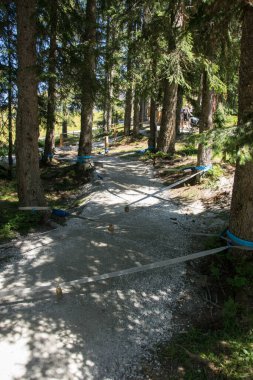 A path in the forest with a rope obstacle course for children on the Grafenberg hill, Wagrain, Austria.