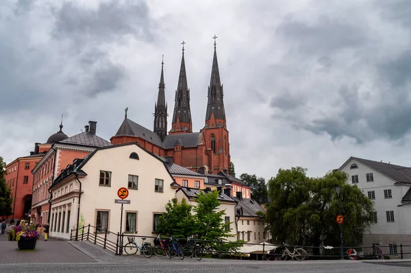 stock image Uppsala Cathedral, Sweden - church towers with waterfront and square in the center of the city