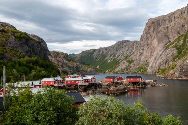 Norveç, Lofoten 'de ahşap evleri olan Nusfjord adında küçük bir balıkçı köyü..