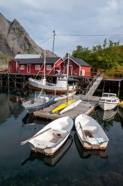 Norveç, Lofoten 'de ahşap evleri olan Nusfjord adında küçük bir balıkçı köyü..