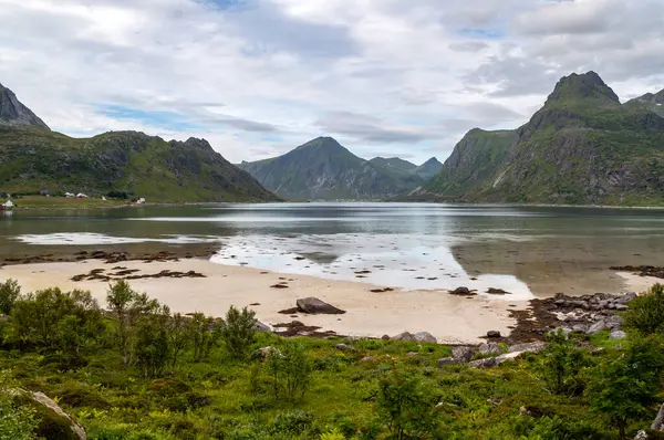 Een Klein Zandstrand Een Fjord Omringd Door Hoge Bergen Lofoten — Stockfoto