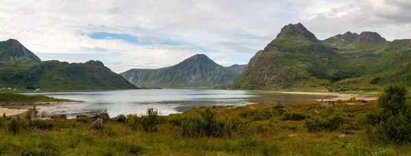 Fjord High Mountains Small Sandy Beach Green Grass Lofoten Norway — Stock Photo, Image