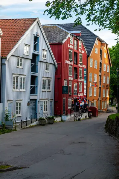 挪威特隆赫姆市的街道 街道上有古老的木制房屋和旗帜 — 图库照片