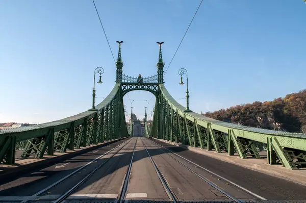 Szabadság Híd Budapesten Régi Zöld Acélhíd Duna Felett — Stock Fotó