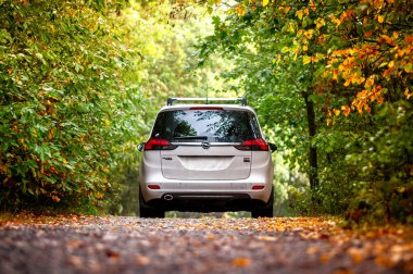 White family car MPV Opel Zafira in autumn in the forest among trees. Autumn falling leaves on the ground, green and colorful leaves on the trees. clipart