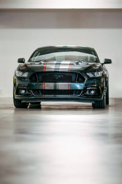 Brno, Czeh Cumhuriyeti - 1 Kasım 2023: Gri ve kırmızı hızlı şeritli koyu yeşil bir Ford Mustang garajda park halinde..