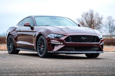 Brno, Çek Cumhuriyeti - 31 Aralık 2023: koyu kırmızı Ford Mustang, hızlı Amerikan spor arabası. Ön Görünüm.