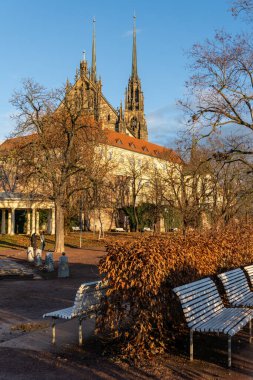 Brno, Çek Cumhuriyeti - 21 Aralık 2023: Ağaçlı şehir parkı ve arka planda Peter ve Paul Katedrali.