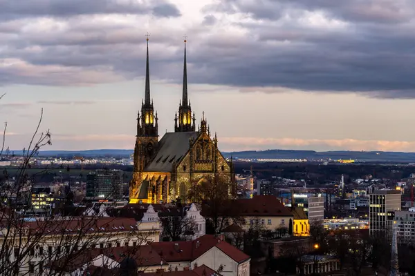 Brno, Çek Cumhuriyeti - 21 Aralık 2023: Aydınlatılmış sokakları ve şehir merkezinde yüksek kuleleri olan katedrali olan gece kenti panoraması. Sokak lambaları olan bir akşam sokağı.