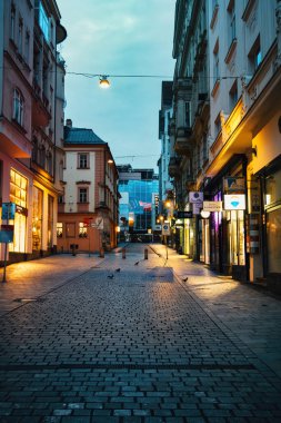 Brno, Çek Cumhuriyeti - 18 Mart 2024: Sabahın erken saatlerinde şehrin boş caddesi vitrinlerle aydınlatıldı. Avrupa 'nın tarihi şehir merkezi.