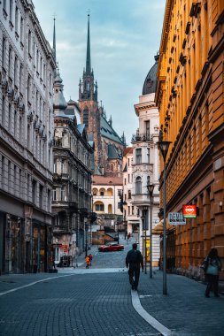 Brno, Çek Cumhuriyeti - 18 Mart 2024: Sabahın erken saatlerinde katedralle birlikte tarihi şehir merkezinde sokak. Avrupa 'da bir şehirde evler.