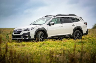 Brno, Çek Cumhuriyeti - 20 Kasım 2024: Beyaz SUV Subaru Outback Sonbaharda açık havada bir arazide.
