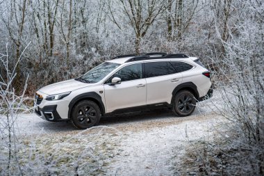 Brno, Çek Cumhuriyeti - 5 Ocak 2024: Kış mevsiminde donmuş ağaçlarla kaplı bir ormanda aile SUV Subaru Outback. Beyaz off-road arabası dışarıda, ağaçların arasında donuyor..