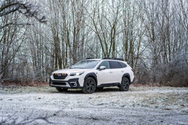 Brno, Çek Cumhuriyeti - 5 Ocak 2024: Kış mevsiminde donmuş ağaçlarla kaplı bir ormanda aile SUV Subaru Outback. Beyaz off-road arabası dışarıda, ağaçların arasında donuyor..