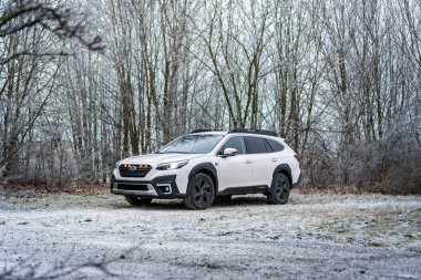 Brno, Çek Cumhuriyeti - 5 Ocak 2024: Kış mevsiminde donmuş ağaçlarla kaplı bir ormanda aile SUV Subaru Outback. Beyaz off-road arabası dışarıda, ağaçların arasında donuyor..