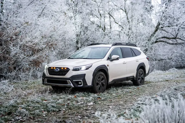 Brno, Çek Cumhuriyeti - 5 Ocak 2024: Kış mevsiminde donmuş ağaçlarla kaplı bir ormanda aile SUV Subaru Outback. Beyaz off-road arabası dışarıda, ağaçların arasında donuyor..