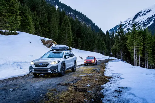 Alpler, Avusturya - 12 Mart 2024: Dağlarda bir kış gezisinde iki Subaru off-road otomobili. Japon SUV 'u kışın karda bir orman yolunda.