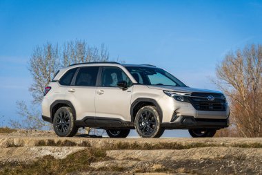 Güney Moravya, Çek Cumhuriyeti - 10 Ocak 2025: Bej rengi modern Subaru Forester SUV yolun kenarında duruyor. Ailenin dört çeker off-road arabası..
