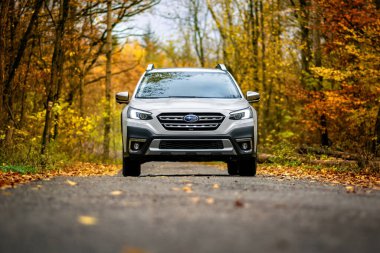 Güney Moravya, Çek Cumhuriyeti - 10 Kasım 2023: Sonbahar ormanlarında beyaz aile SUV Subaru Outback. Ağaçların ve yaprakların arasındaki off-road steyşın araba doğada bir yolculuğa çıktı..