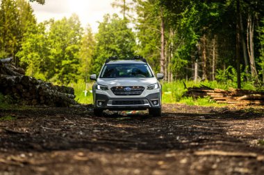 Güney Bohemya, Çek Cumhuriyeti - 12 Temmuz 2024: Beyaz aile arabası Subaru Outback ormandaki bir toprak yolda ağaçların arasında duruyor. Doğa gezisinde bir off-road arabası..