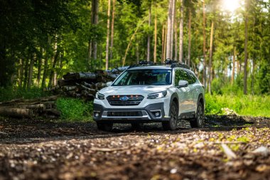 Güney Bohemya, Çek Cumhuriyeti - 12 Temmuz 2024: Beyaz aile arabası Subaru Outback ormandaki bir toprak yolda ağaçların arasında duruyor. Doğa gezisinde bir off-road arabası..