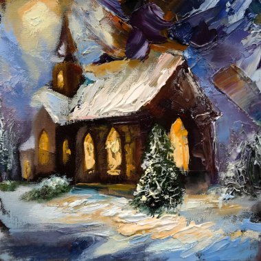 Enchanting oil painting of a snow-covered church illuminated by warm windows on a winter night. Textured brushstrokes bring depth to a snowy landscape, festive evergreen tree, and vibrant sky, evoking the magic of Christmas and New Year celebrations clipart