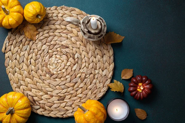 Autumn Hygge Cozy Table Setting Top View Wicker Place Mat — Stock Photo, Image