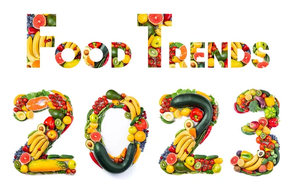 2023 Élelmiszer Trendek 2023 Készült Zöldségek Gyümölcsök Halak Fehér Alapon — Stock Fotó