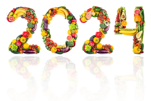 2024 Élelmiszer Trendek 2024 Készült Zöldségek Gyümölcsök Halak Fehér Alapon — Stock Fotó