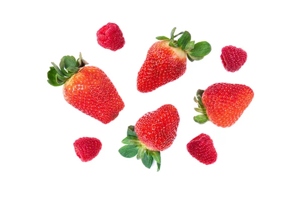 Strawberry Raspberry White Background Top View Berries Pattern Flat Lay — Stock Photo, Image