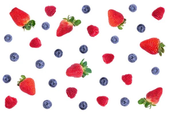 Strawberry Raspberry Blueberry White Background Top View Berries Pattern Flat — Stock Photo, Image