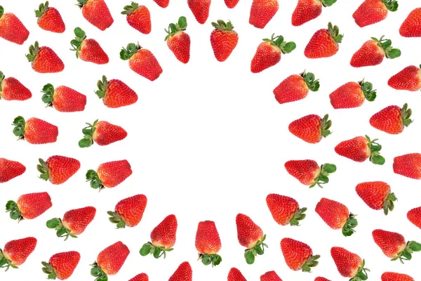 Strawberry White Background Top View Berries Pattern Flat Lay Frame — Stock Photo, Image
