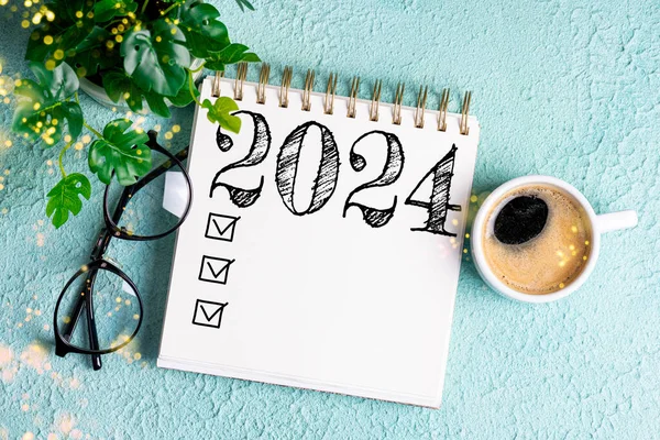 Oud Nieuw Resolutie 2024 Het Bureau 2024 Goals Lijst Met — Stockfoto