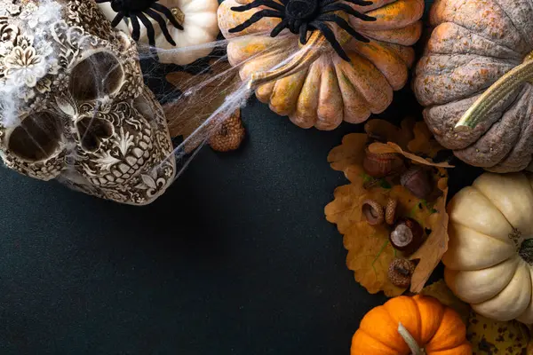 Abóboras Halloween Decorações Fundo Halloween Com Decoração Tradicional Assustadora Para Fotografia De Stock