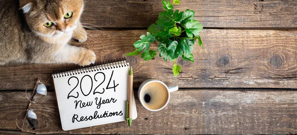 New year resolutions 2024 on desk. 2024 resolutions list with notebook, coffee cup, cute cat on table. Goals, resolutions, plan, cozy, hygge concept. New Year 2024 background, copy spac