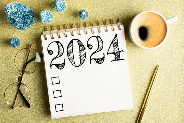 2024 New Year Resolutions Desk 2024 Goals List Notebook Coffee Stock Picture