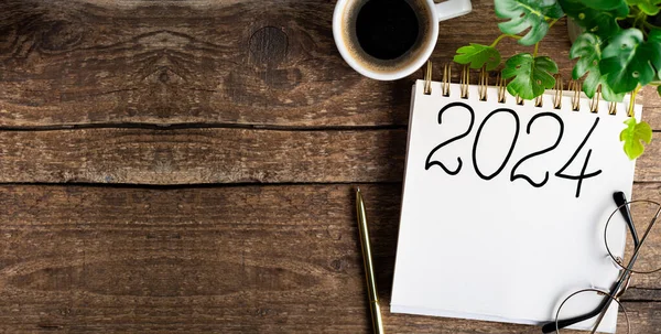 New Year Resolutions 2024 Desk 2024 Goals List Notebook Coffee Stock Picture