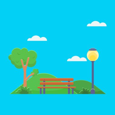 Park ışıkları ve ağaçlarla şehir parkında düz bir illüstrasyon manzarası