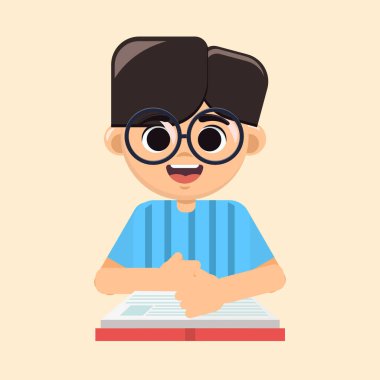 Düz çizim çocuğu, kitapla çalışıyor, okula geri dönüyor.